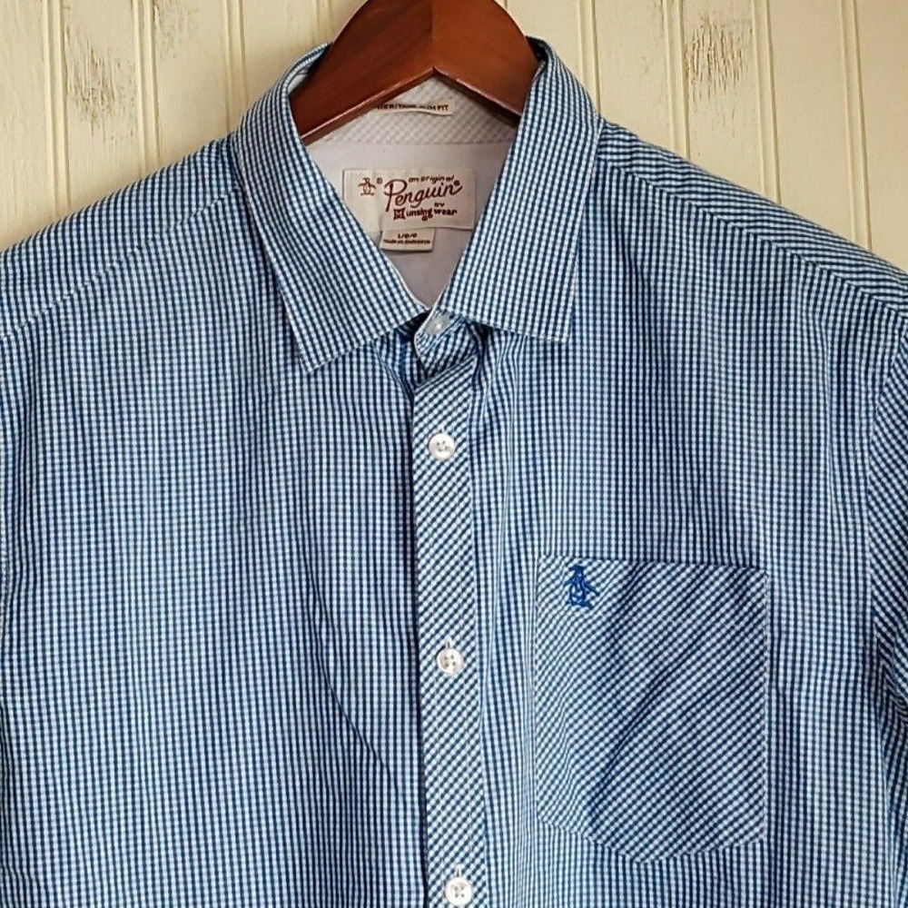 Original Penguin Shirt Mens Large Blue Check Short Sleeve Slim Fit Button-Up